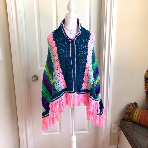 Source Unknown Sweaters - Sold Handmade Multicolored Striped Crochet Poncho w Fringe (see Measurements)
